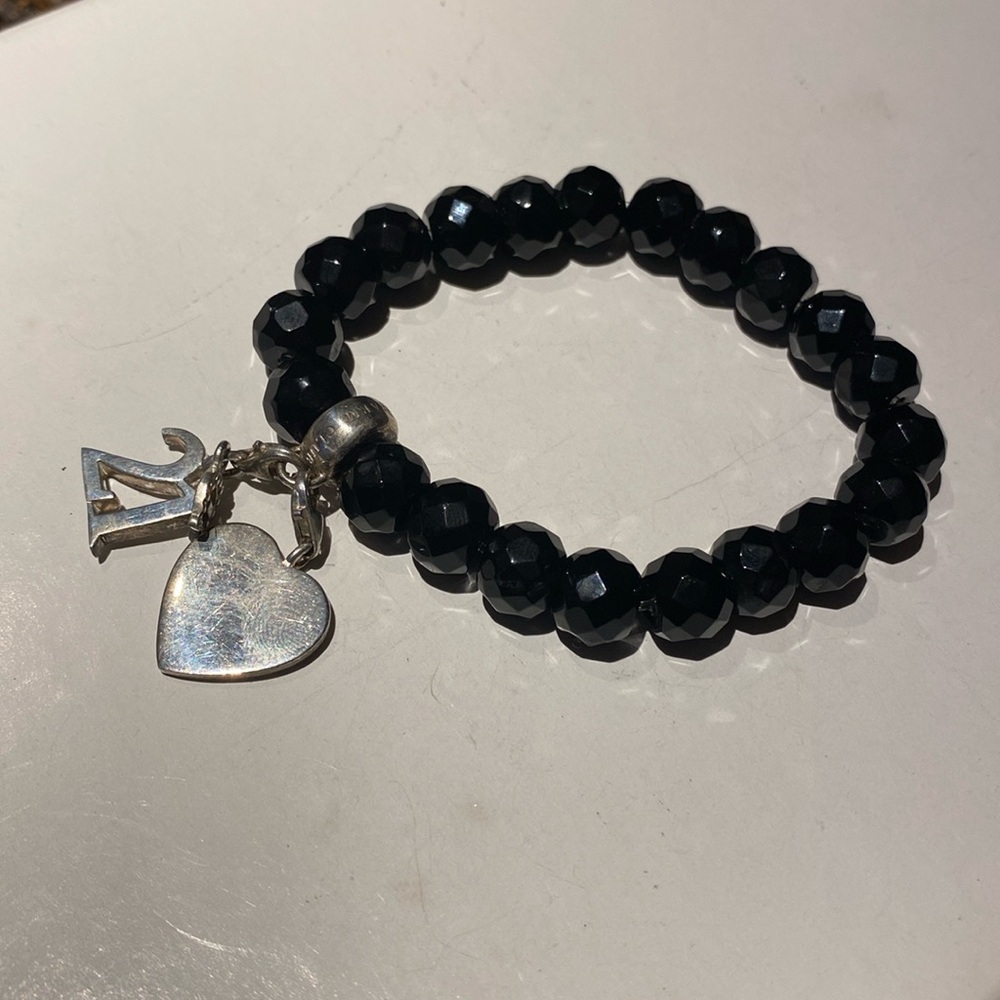 THOMAS Sabo Sterling 925 Obsidian Beaded Charm Stretch Bracelet heart 21 Charm